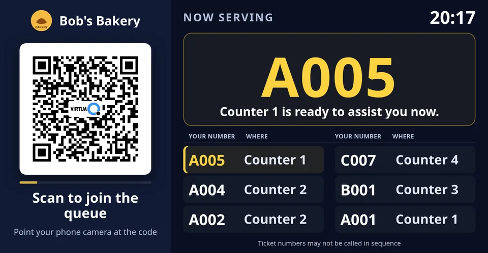 A wide display board: a large QR code under “Scan to join the queue”, the ticket now being served with its counter, a list of numbers coming up, and a clock.