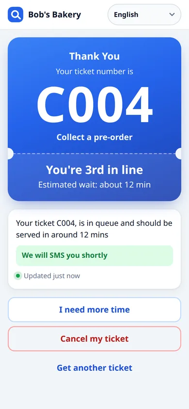 A phone screen showing a ticket number, the service it is for, the customer’s position in line and the estimated wait.