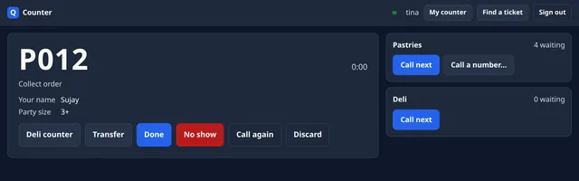 A counter screen showing the ticket being served, a timer, the counter name, and buttons to call the next ticket, call again, transfer and finish.